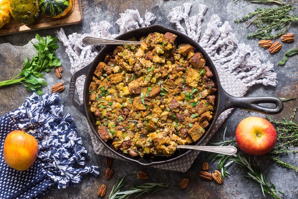 Don’t fret: Even if you’re gluten-free, there are plenty of options to enjoy a crispy, roasty heaping of stuffing. This Paleo version whips up a gluten-free “cornbread,” then tosses it with stuffing mainstays like mushrooms, apples, and pecans.