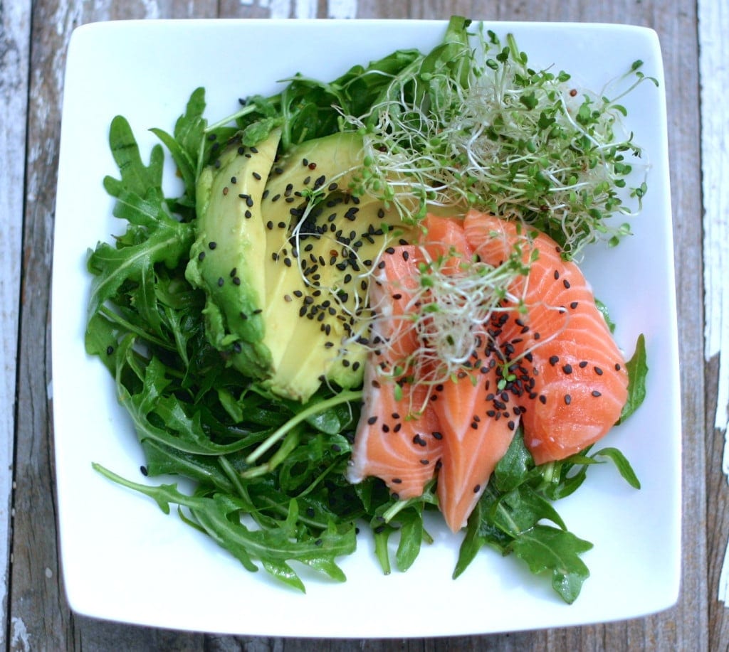 Salmon Sashimi Salad, arugula, sprouts, salmon, sashimi, salad, adrenals, anti-candida, sides, thyroid, estrogen dominance, menopause, PCOS