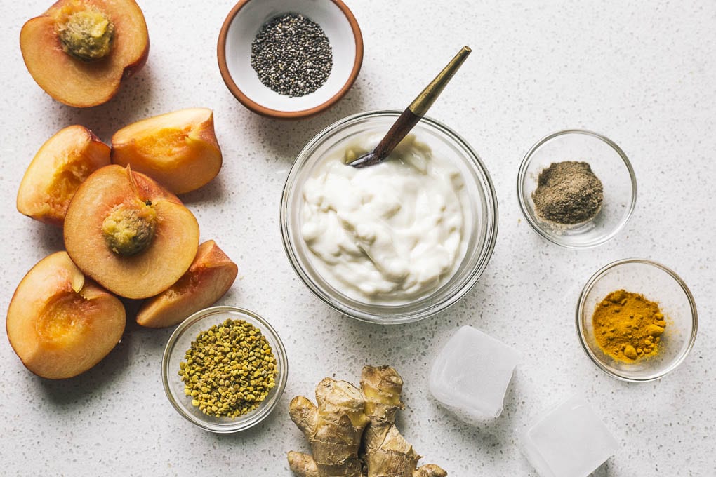 image of yogurt chia seeds ginger turmeric and peaches
