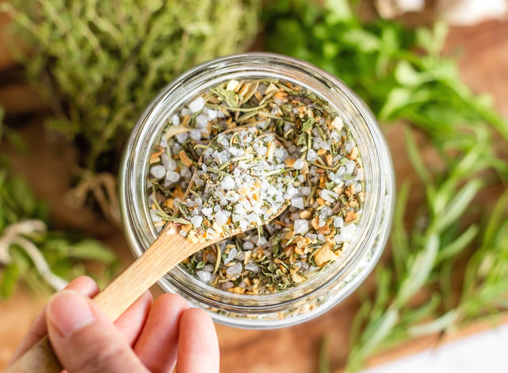 Herb salt at hand is my secret trick to kicking savory dishes up a notch. You can add it to steaks, fish, stews and soups for a punch of flavor.