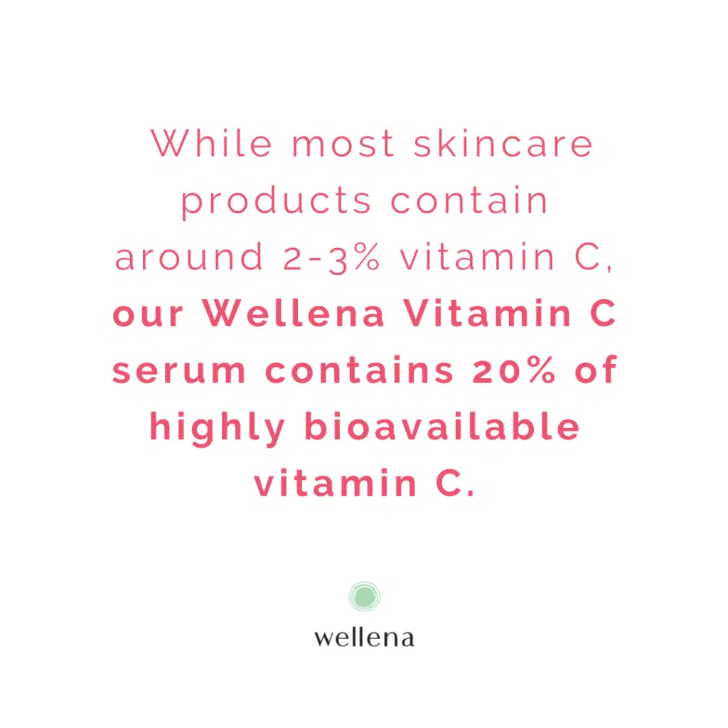 While most skincare products contain around 2-3% vitamin C, our Wellena Vitamin C serum contains 20% of highly bioavailable vitamin C.