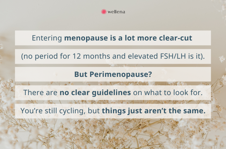 Entering menopause is a lot more clear-cut (no period for 12 months and elevated FSH/LH is it). But Perimenopause? There are no clear guidelines on what to look for. You’re still cycling, but things just aren’t the same.